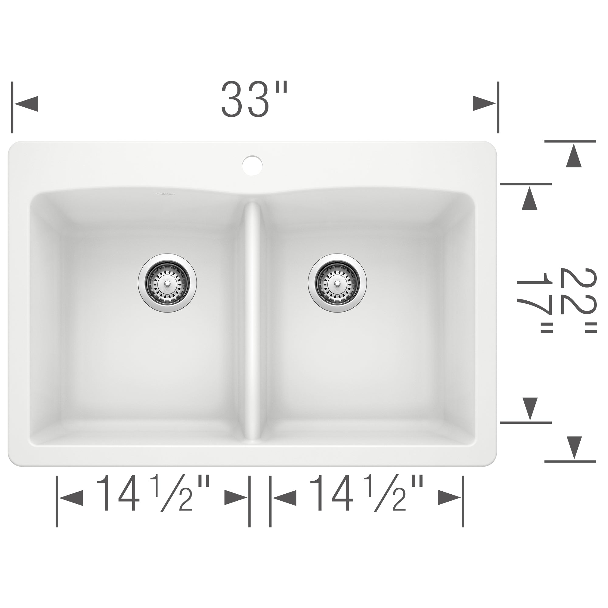 White equal double bowl drop-in kitchen sink with two circular drains, 33 inches wide by 22 inches deep.