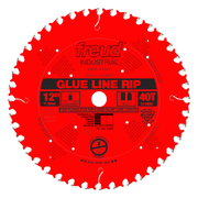 Red circular saw blade with white teeth around perimeter, center arbor hole, and black label reading "Glue Line Rip 12" 40T.