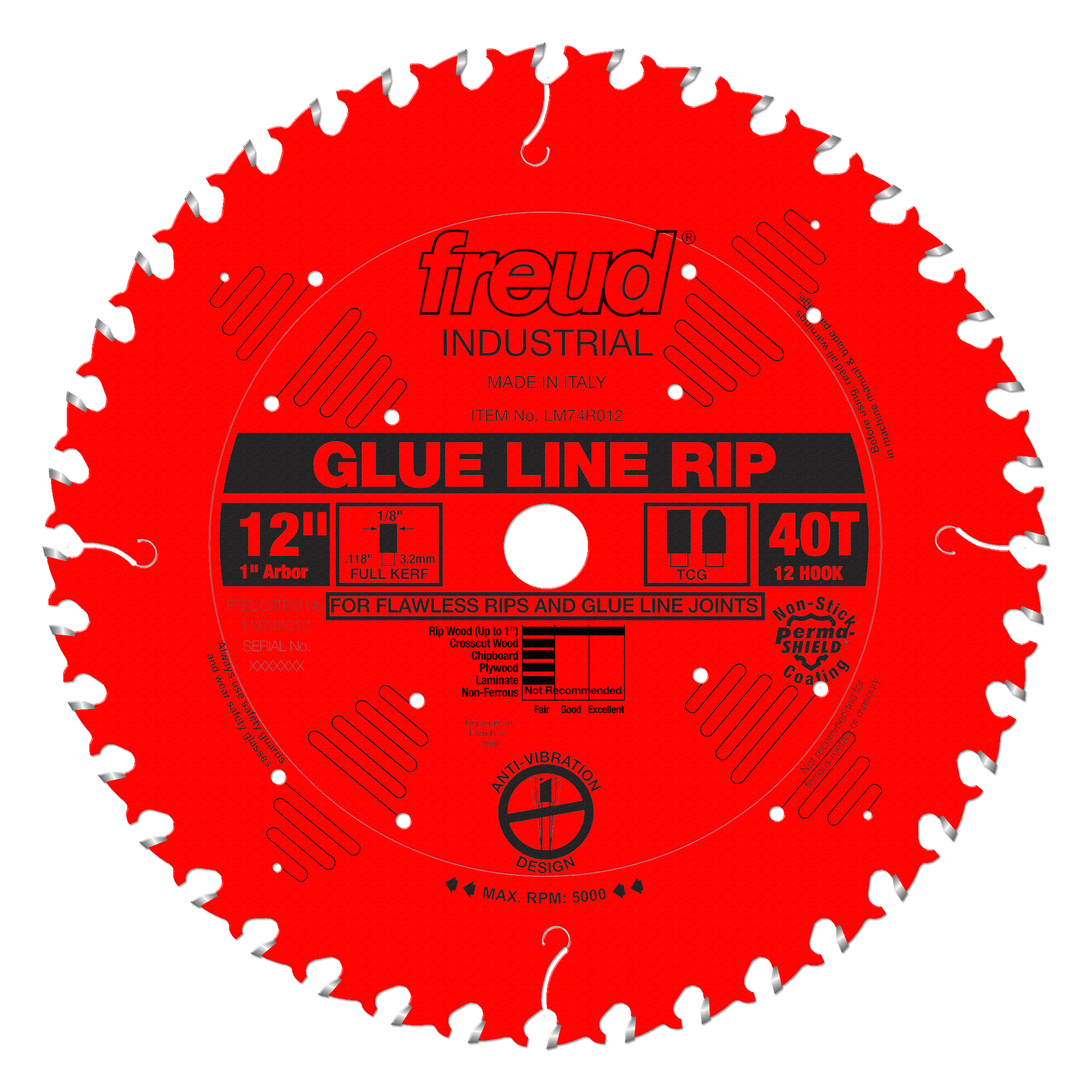 Red circular saw blade with white teeth around perimeter, center arbor hole, and black label reading "Glue Line Rip 12" 40T.
