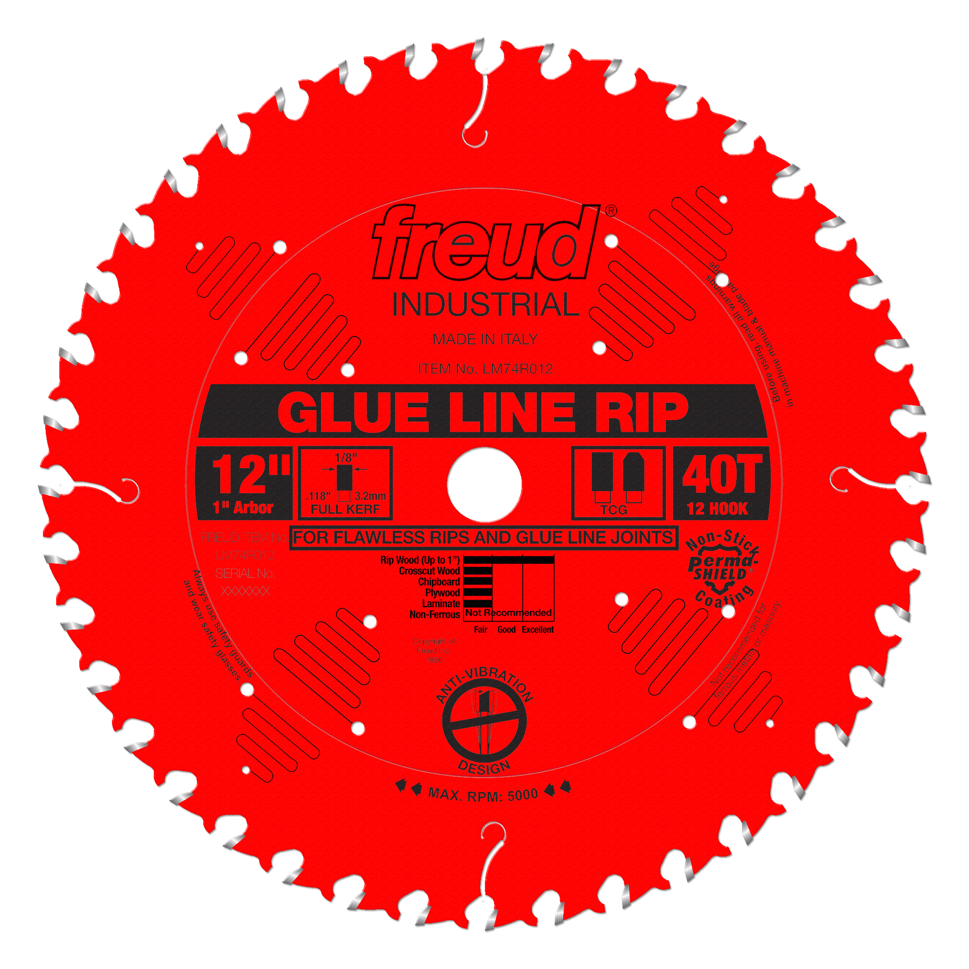 Red circular saw blade with white teeth around perimeter, center arbor hole, and black label reading "Glue Line Rip 12" 40T.