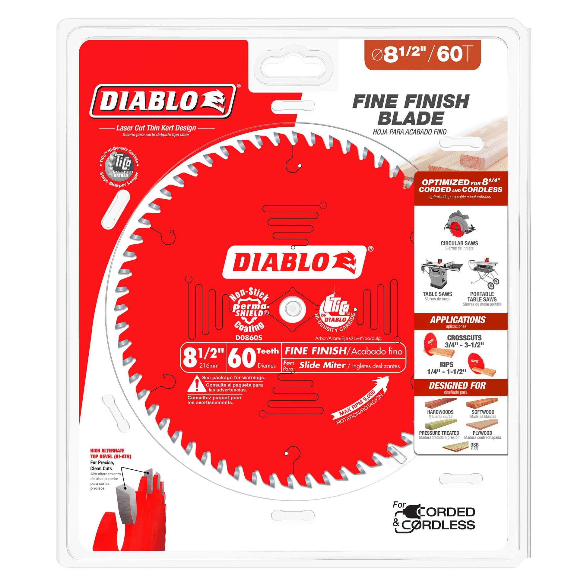 Red circular saw blade with 60 teeth, 8-1/2 inch diameter, mounted on clear plastic packaging with Diablo branding and produc