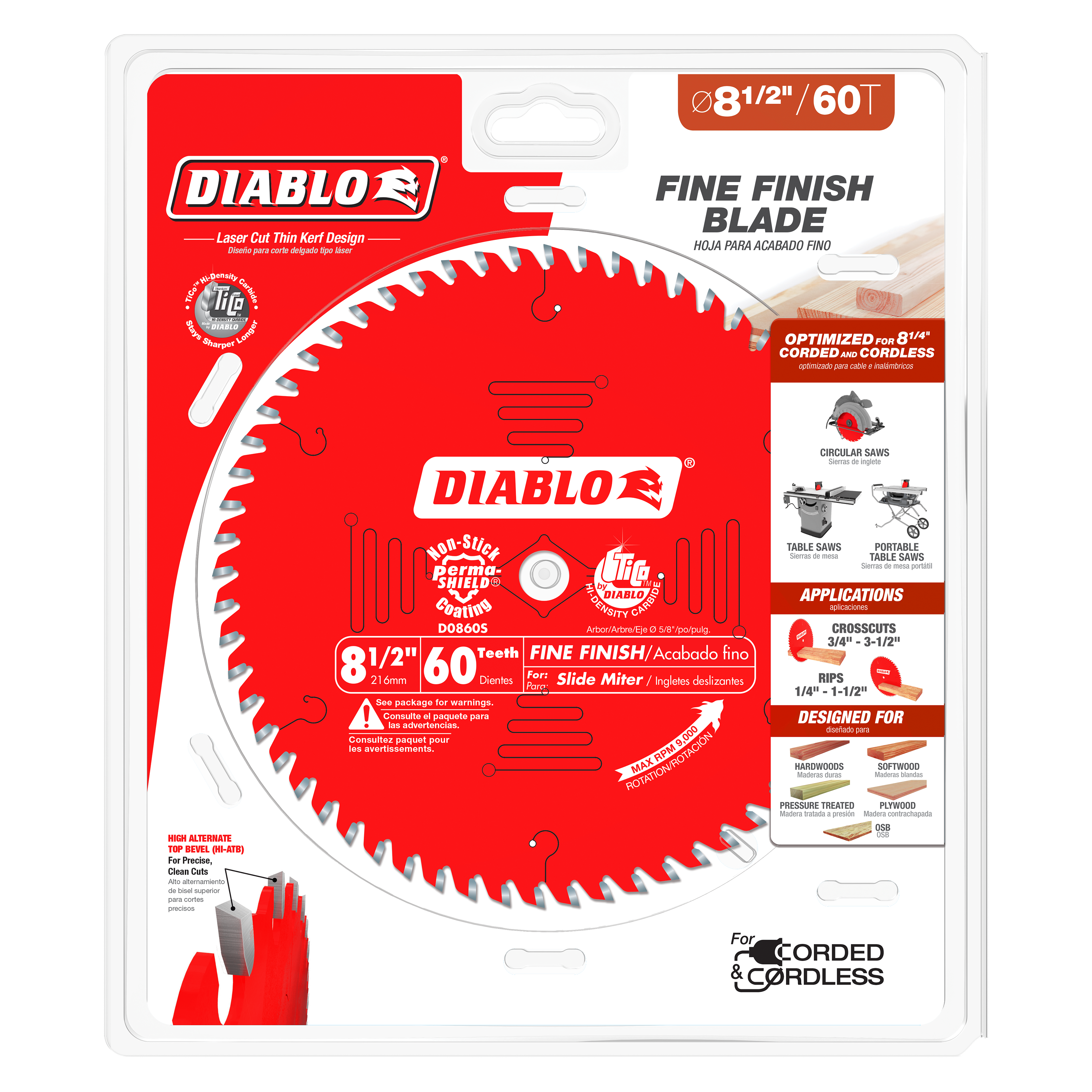 Diablo D0860S 8-1/2 in. x 60 Tooth Fine Finish Saw Blade - 5 Pack