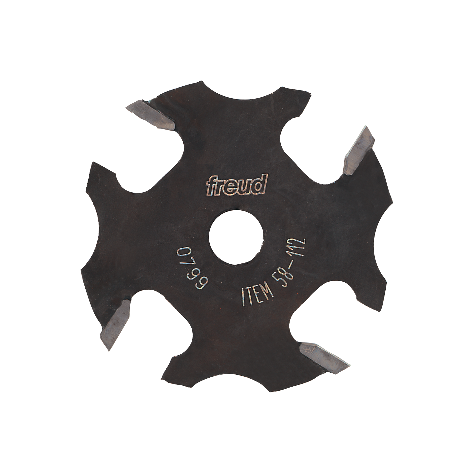 Black slotting cutter with four carbide wings and center hole, marked Freud 58-112.