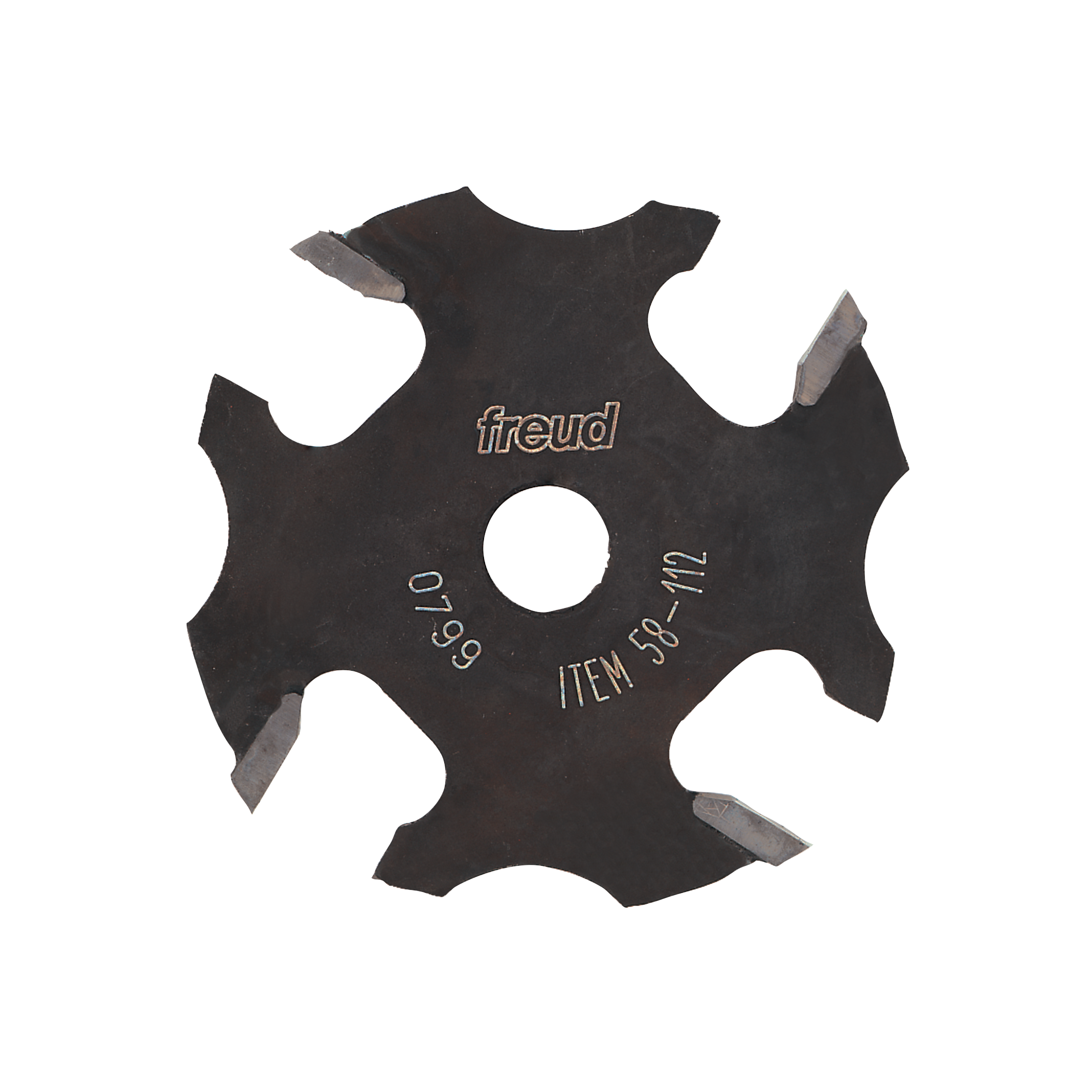 Black slotting cutter with four carbide wings and center hole, marked Freud 58-112.