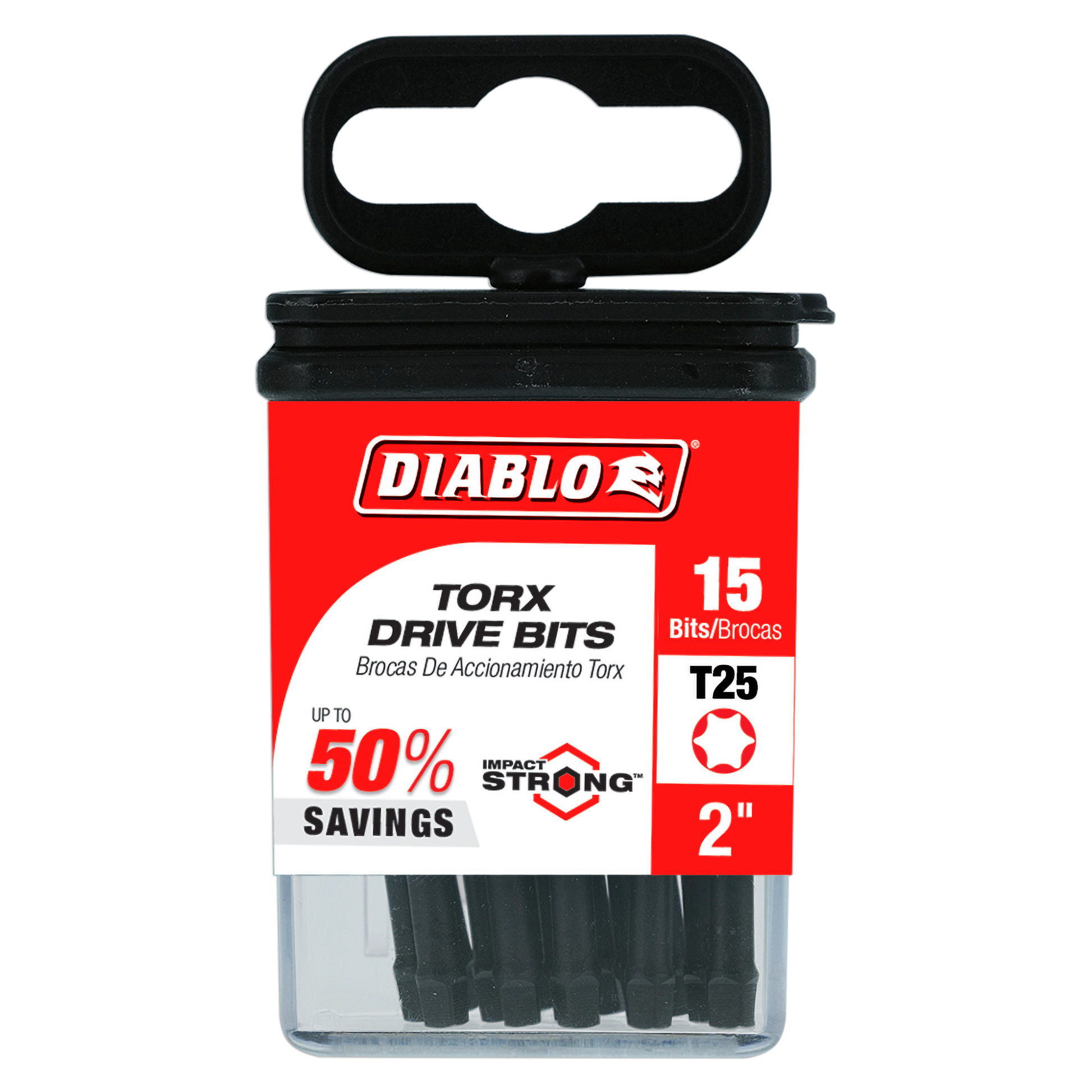 Red and black Diablo packaging containing 15 black Torx T25 drive bits, 2 inches long.