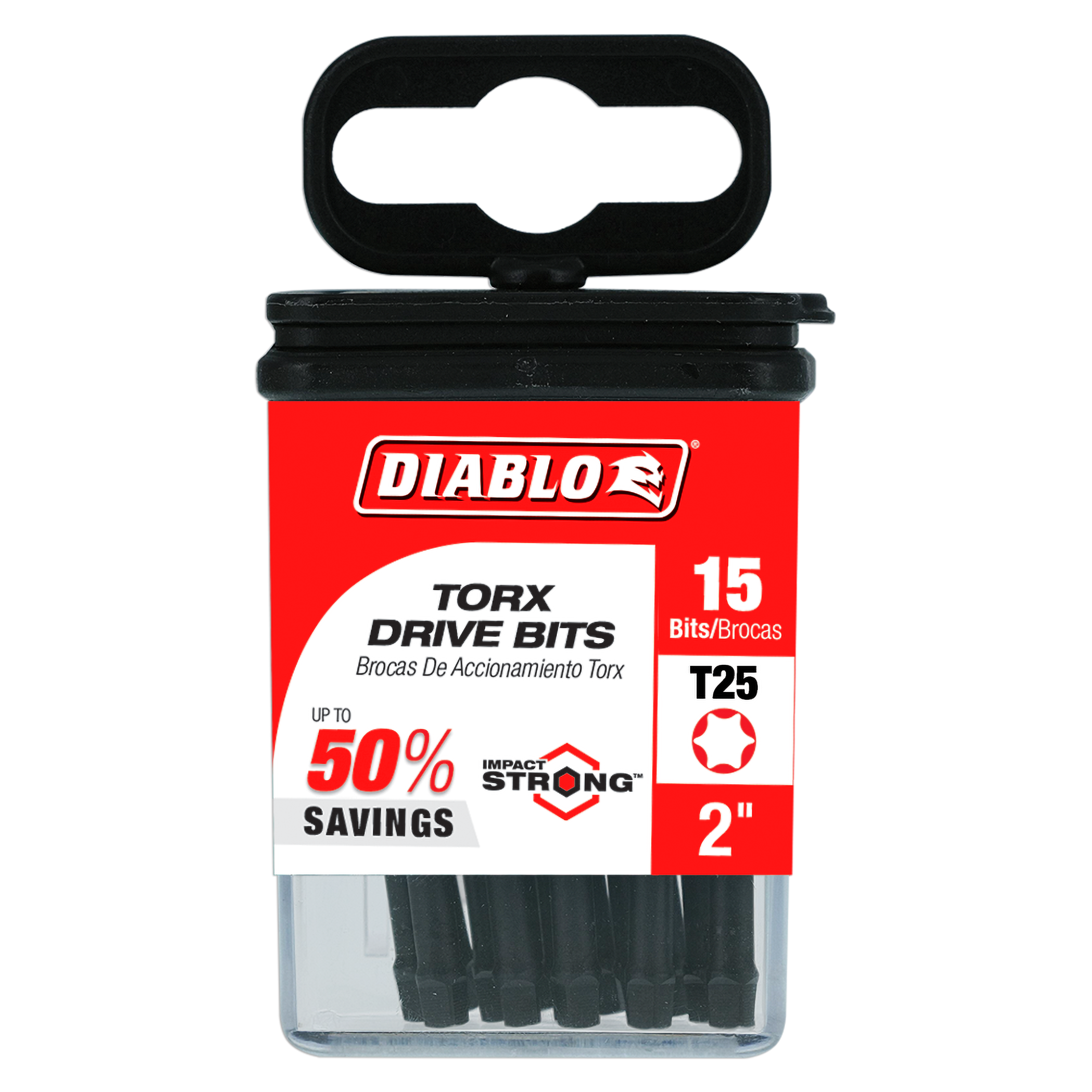 Red and black Diablo packaging containing 15 black Torx T25 drive bits, 2 inches long.