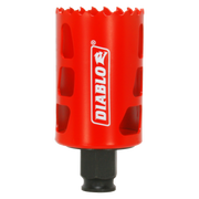Red Diablo hole saw with toothed edge and black arbor shaft attached to base.