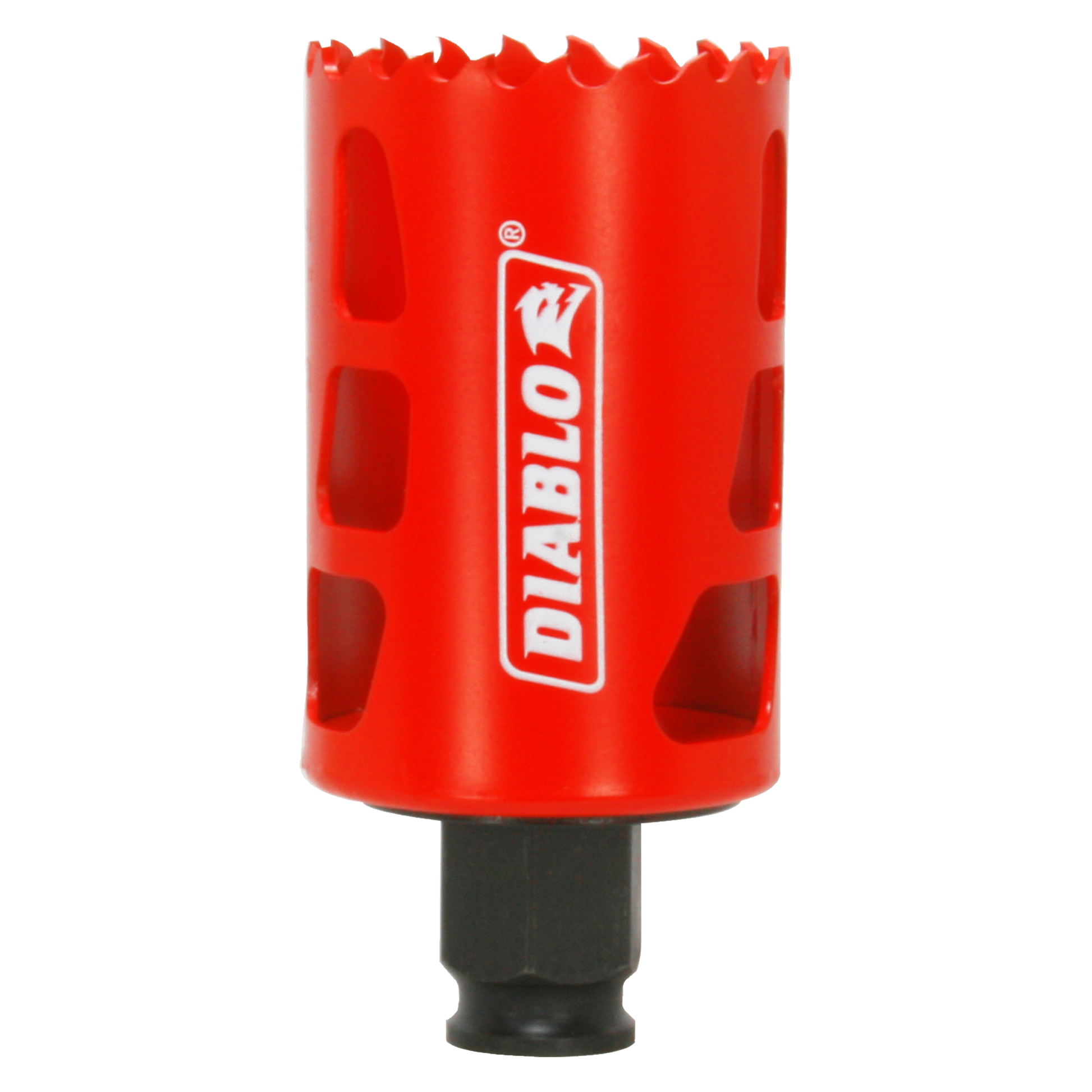 Red Diablo hole saw with toothed edge and black arbor shaft attached to base.