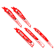 Five red Diablo carbide reciprocating saw blades with serrated cutting edges arranged in a display layout.