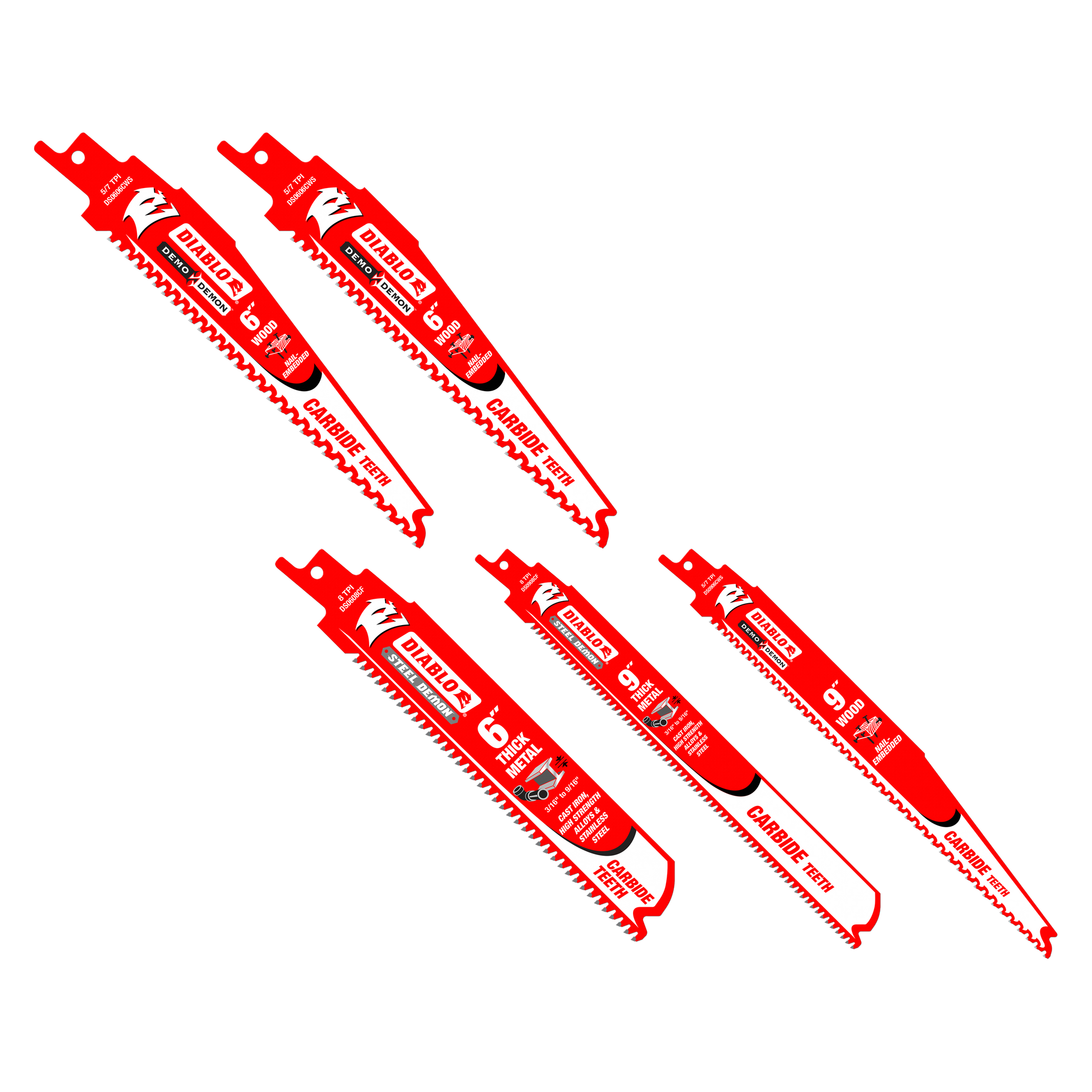 Five red Diablo carbide reciprocating saw blades with serrated cutting edges arranged in a display layout.