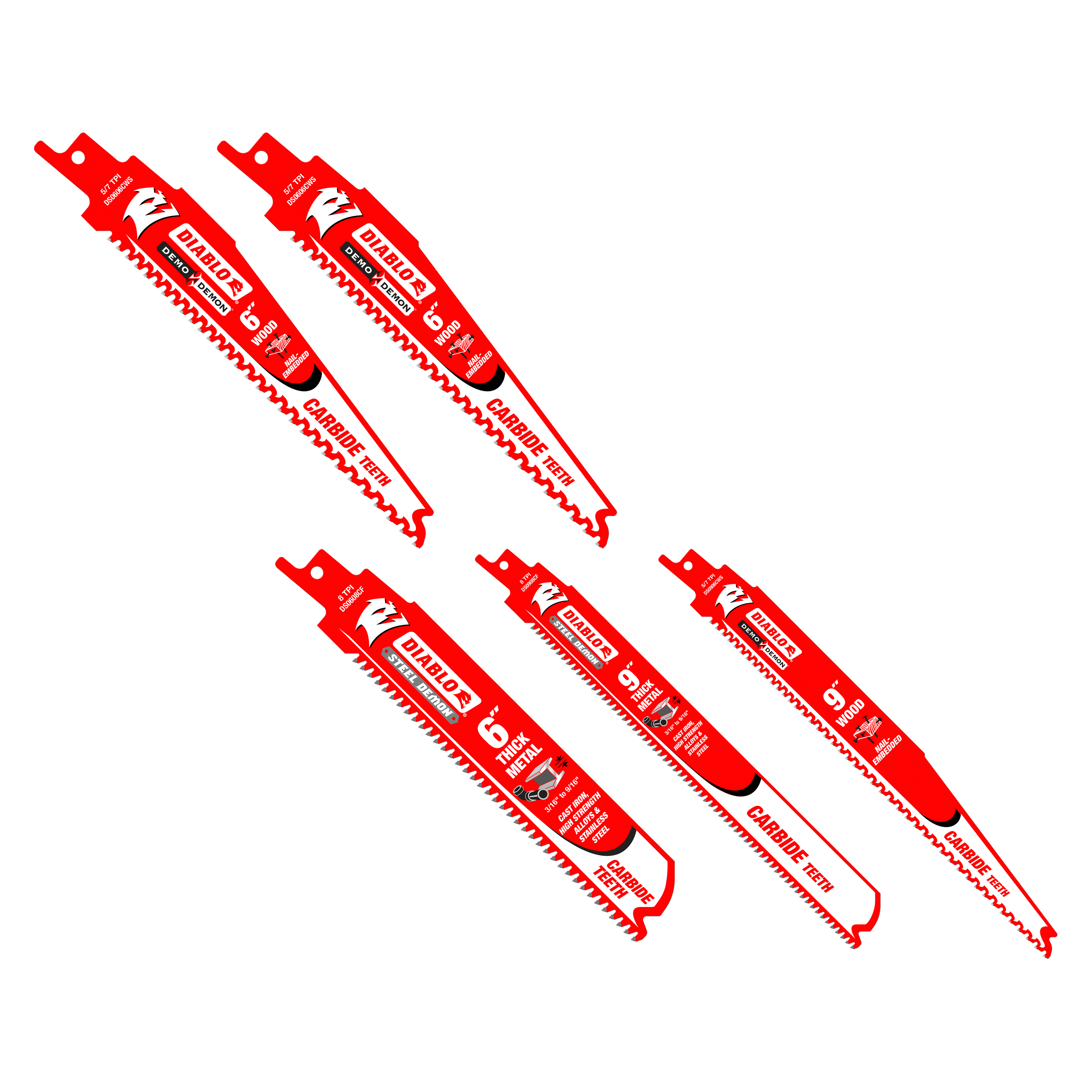 Five red Diablo carbide reciprocating saw blades with serrated cutting edges arranged in a display layout.