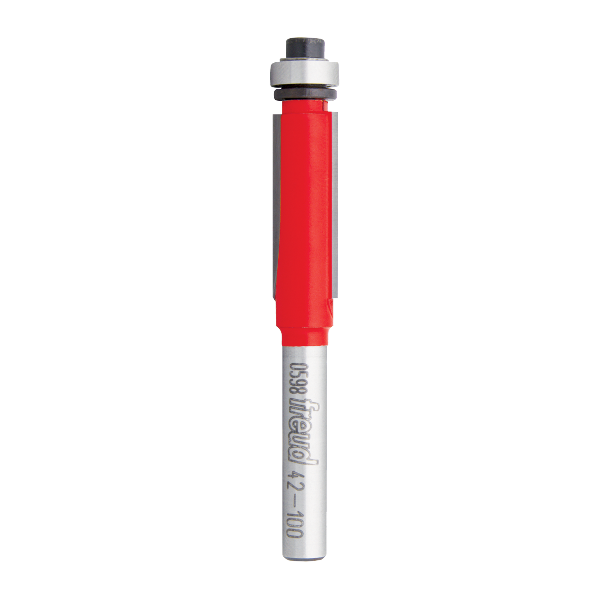 Freud bearing flush trim bit with red plastic body, metal shaft, and silver metal collar and tip.