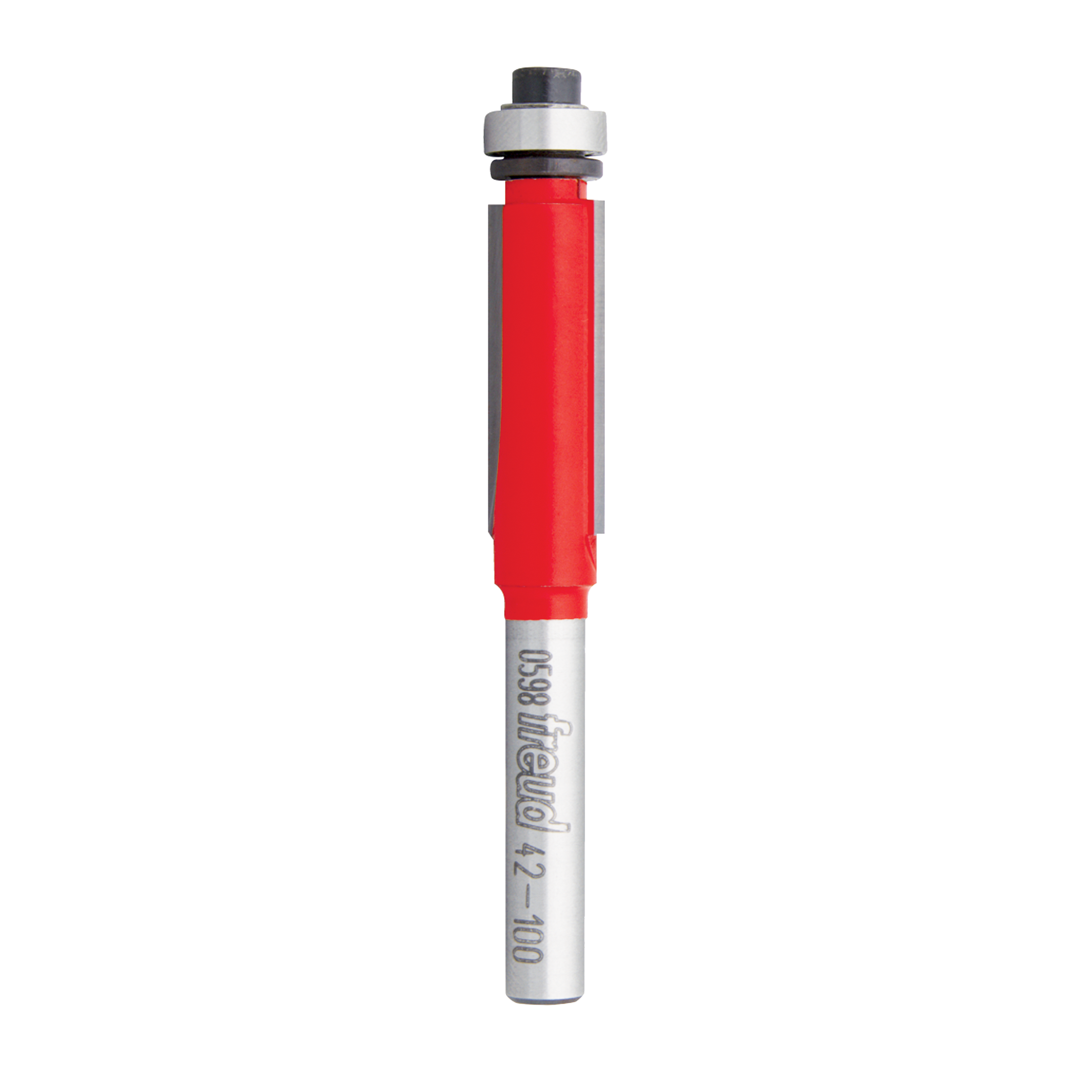Freud bearing flush trim bit with red plastic body, metal shaft, and silver metal collar and tip.