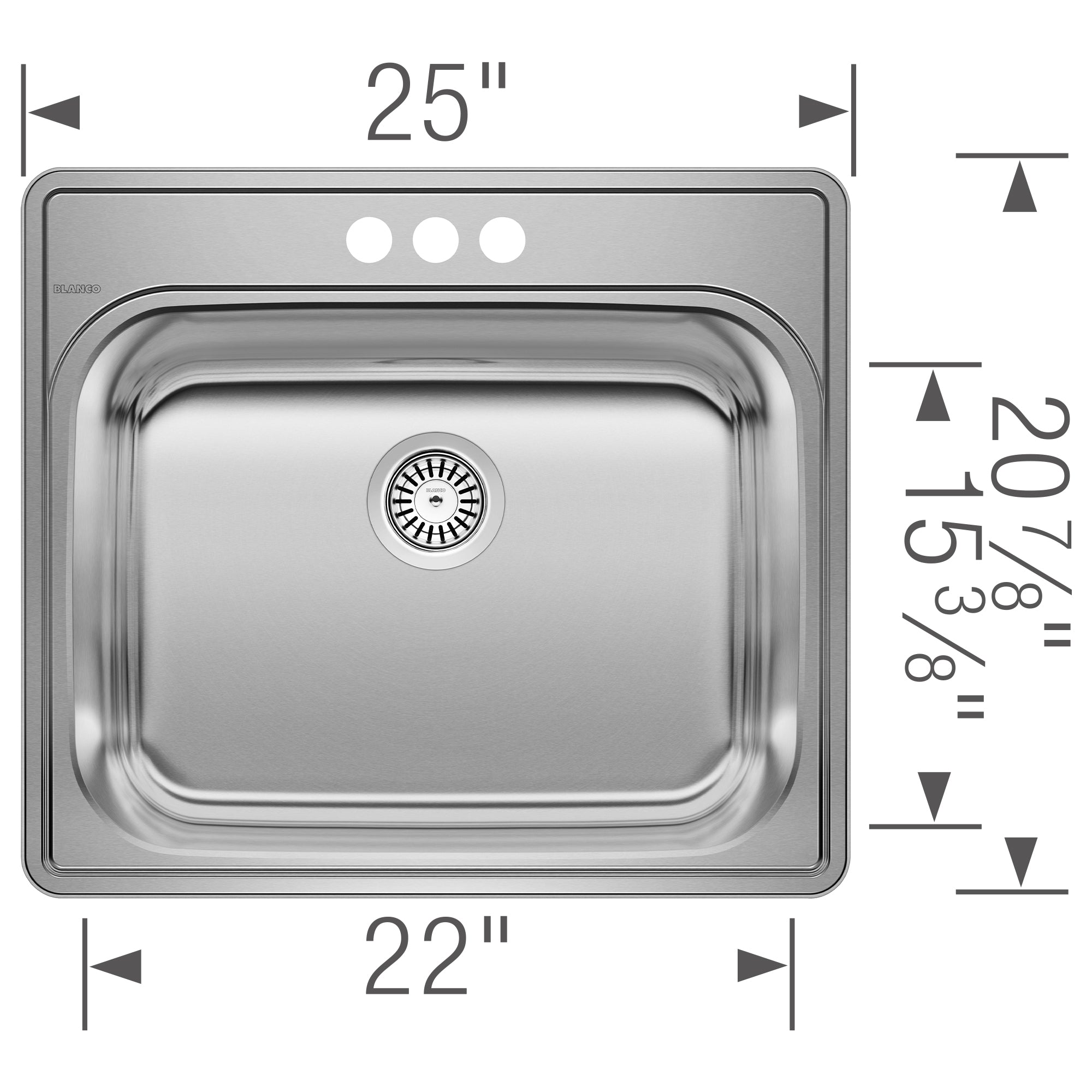 Stainless steel drop-in laundry sink with single basin, drain strainer, and three mounting holes across top; 25" width x 20.7