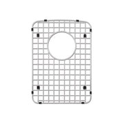 Stainless steel sink grid with square mesh pattern, circular center opening, and black rubber corner stabilizers.