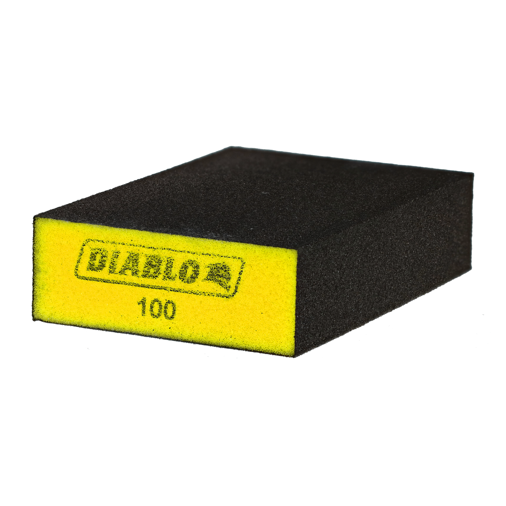 Black sanding sponge with yellow end labeled "DIABLO 100" for fine grit sanding.