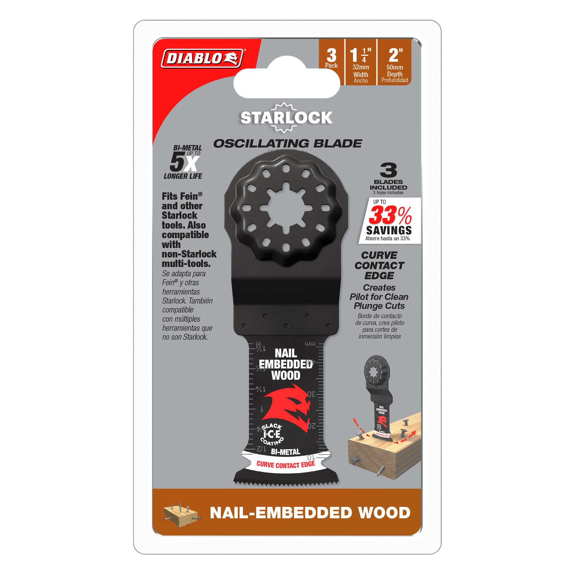 Three Diablo Starlock bi-metal oscillating saw blades with 1-1/4 inch width and curved contact edge for nail-embedded wood cu