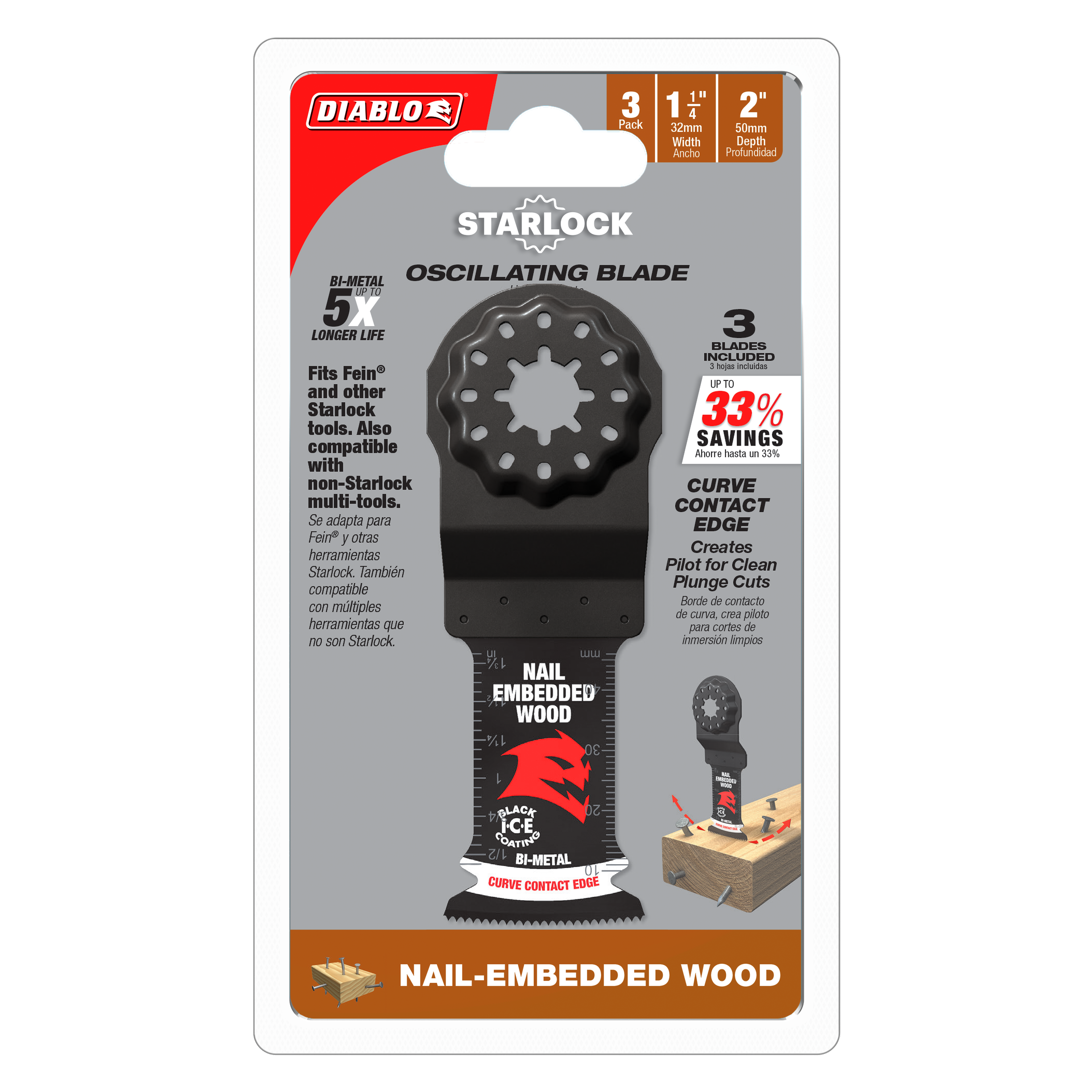 Three Diablo Starlock bi-metal oscillating saw blades with 1-1/4 inch width and curved contact edge for nail-embedded wood cu