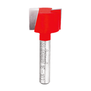 Red mortising bit with metal shank and square cutting head, 5/8 inch diameter.