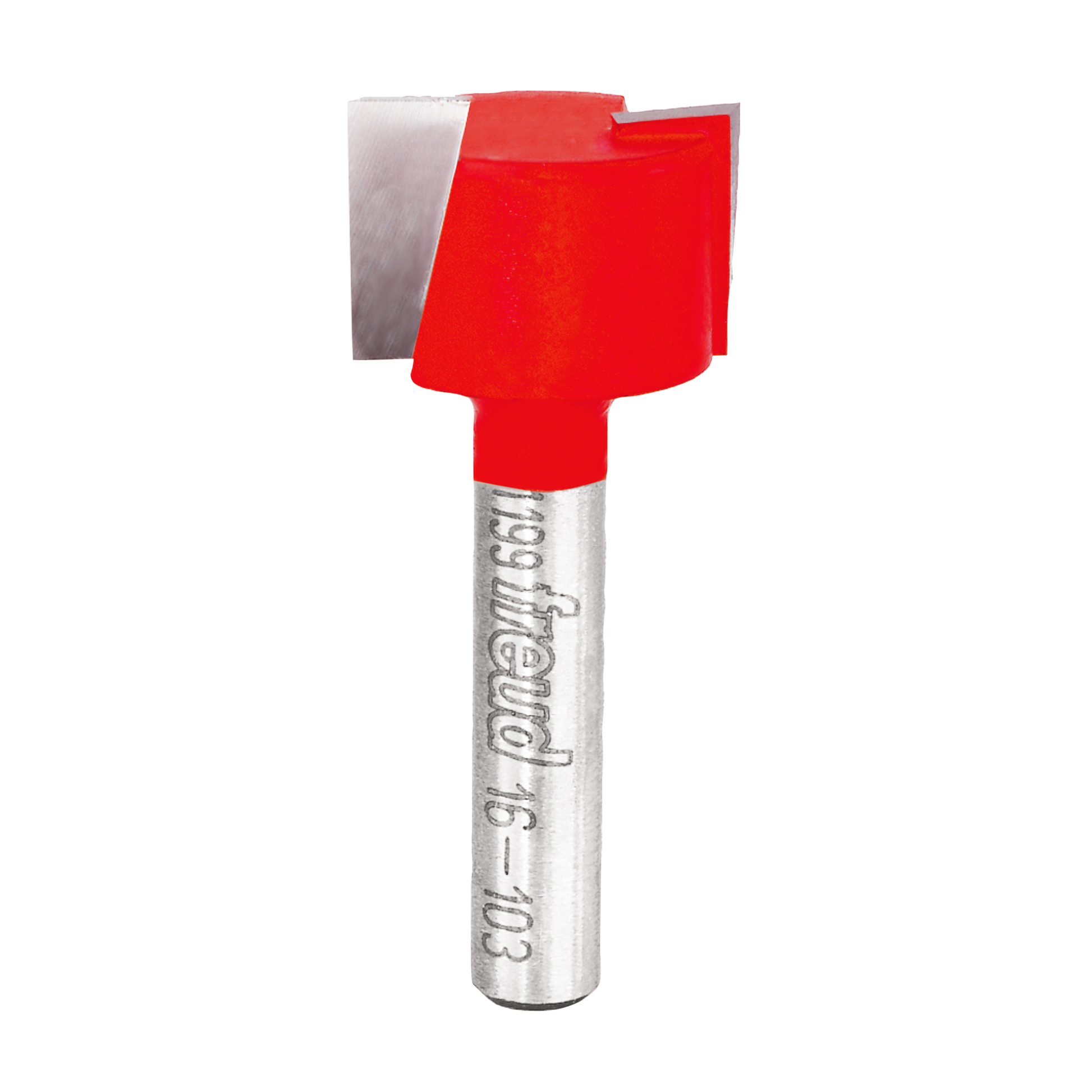 Red mortising bit with metal shank and square cutting head, 5/8 inch diameter.
