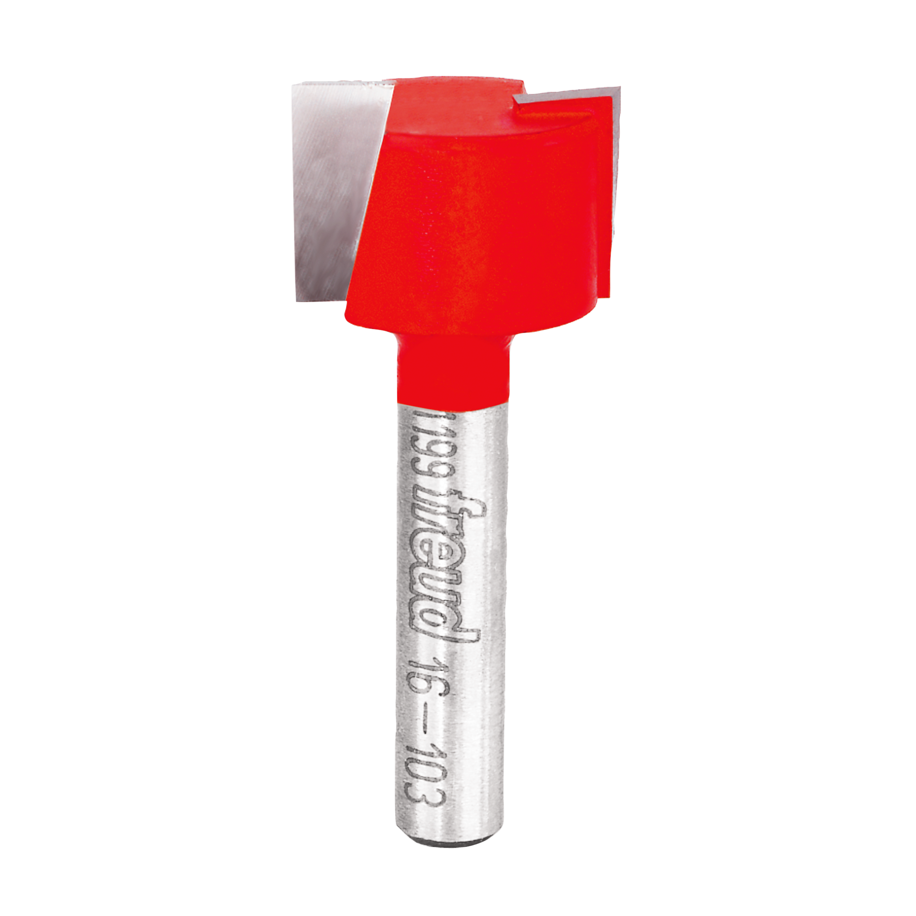 Red mortising bit with metal shank and square cutting head, 5/8 inch diameter.
