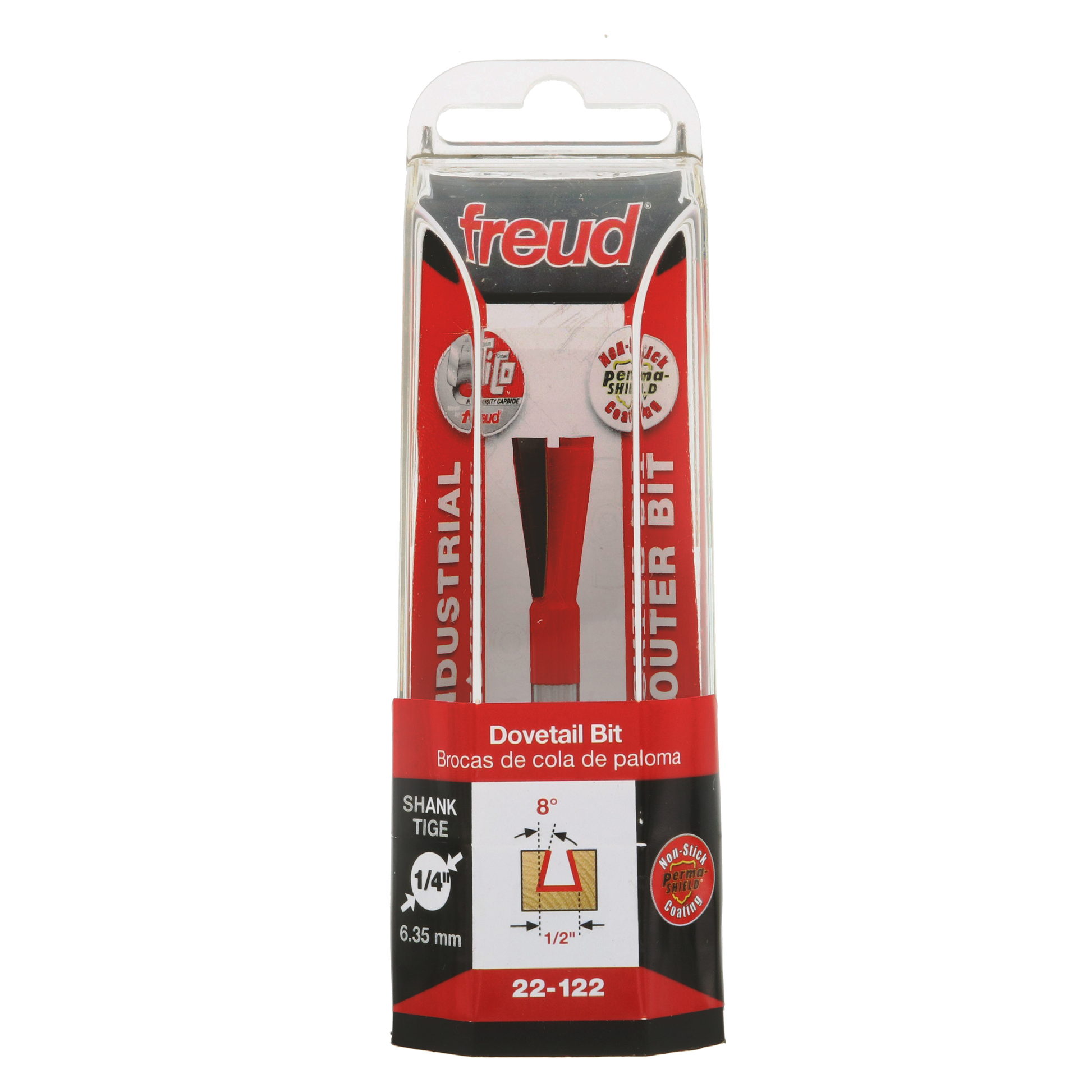 Freud 22-122 1/2" dovetail bit with red handle and 1/4" shank in retail packaging.