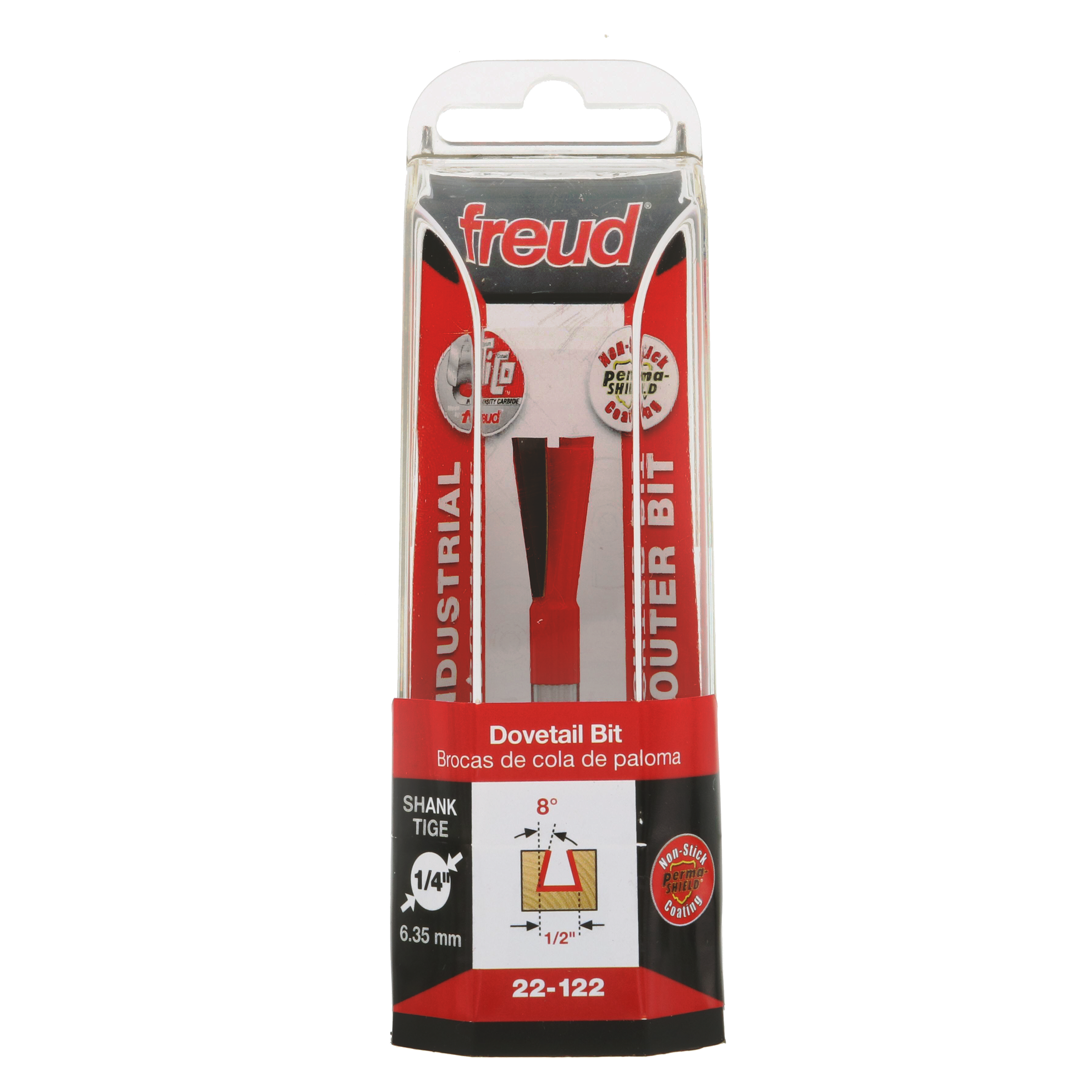 Freud 22-122 1/2" dovetail bit with red handle and 1/4" shank in retail packaging.