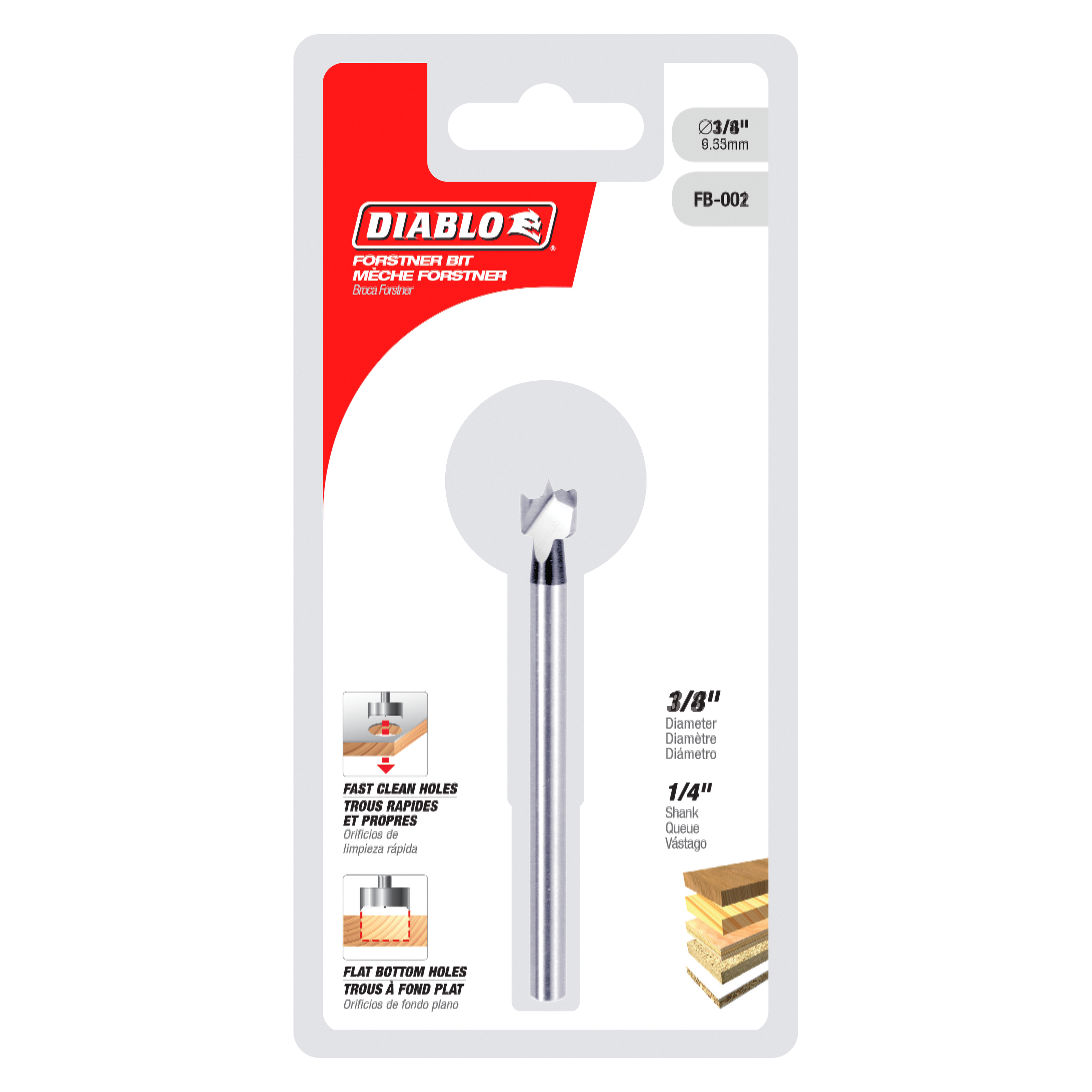 Diablo FB-002 3/8 inch Forstner bit with 1/4 inch shank in retail packaging.