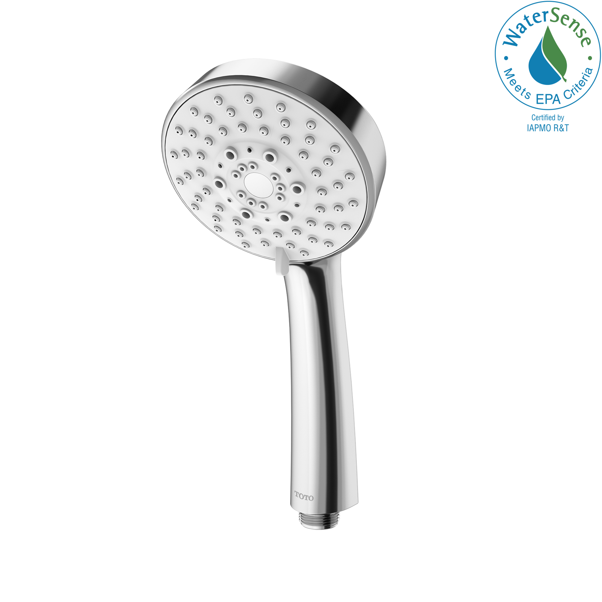 Polished chrome round handshower with multiple spray nozzles and cylindrical handle.