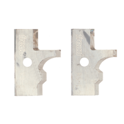 Two metal router knives with Freud branding, featuring matching curved and notched cutting profiles with circular mounting ho