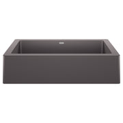 Cinder-colored farmhouse sink with single deep basin and apron front design.