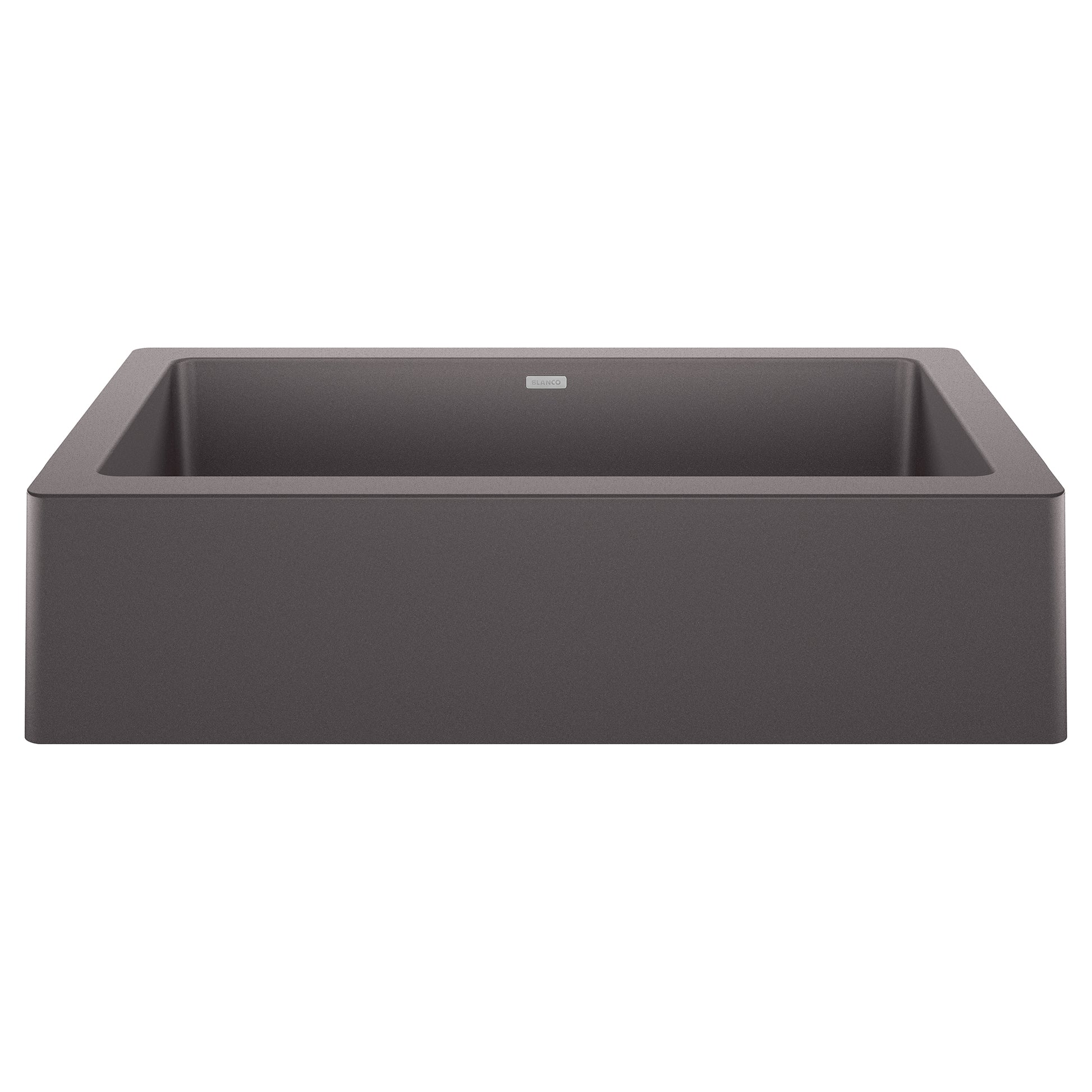 Cinder-colored farmhouse sink with single deep basin and apron front design.