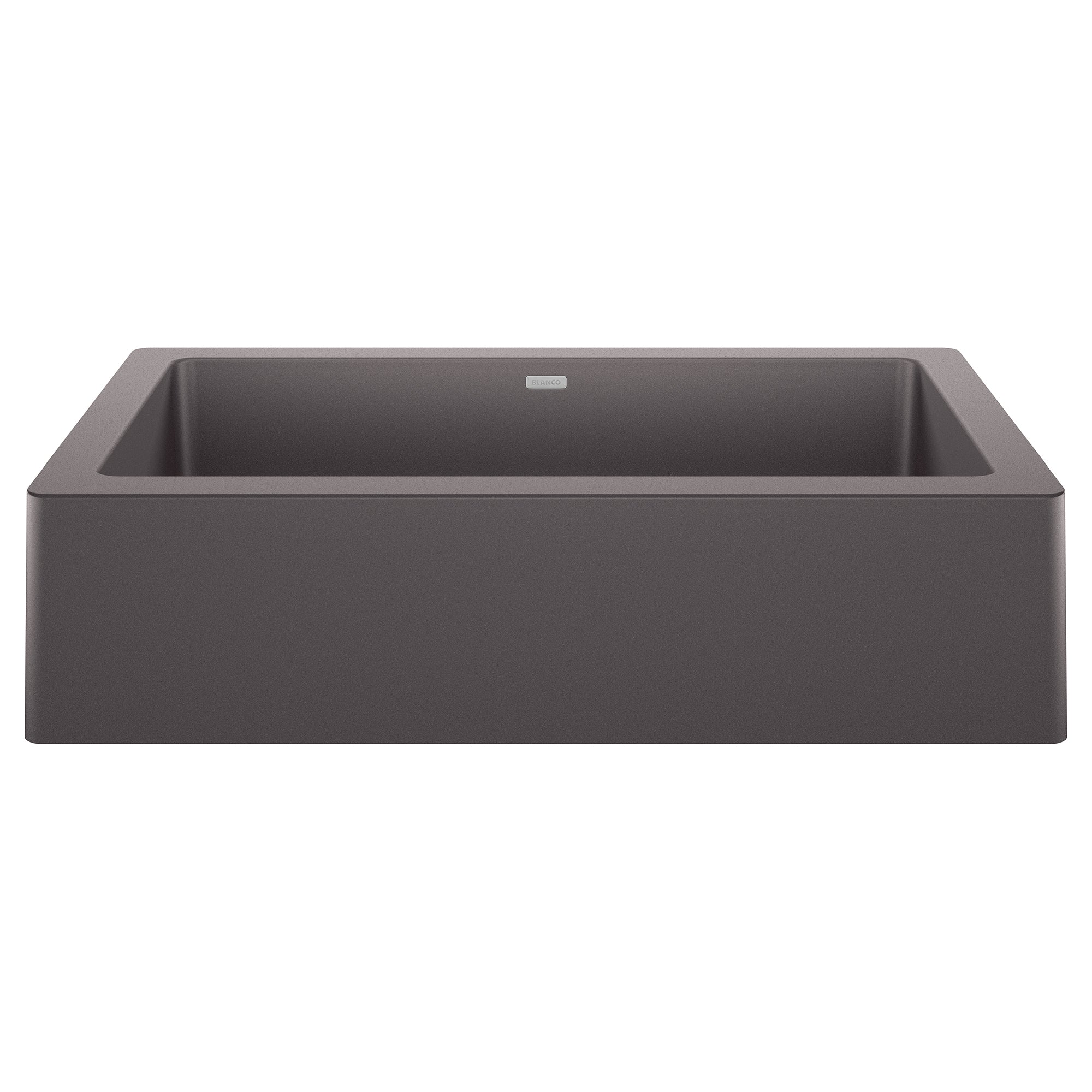 Cinder-colored farmhouse sink with single deep basin and apron front design.