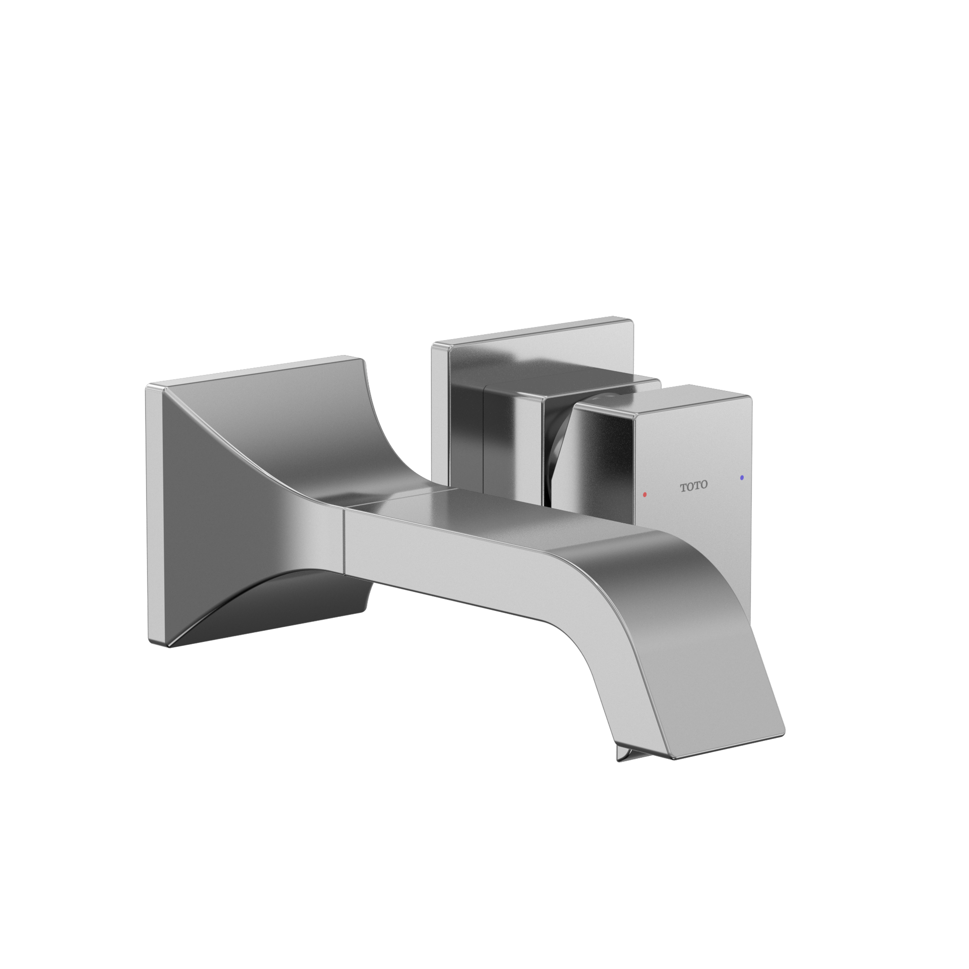 Polished chrome wall-mount bathroom faucet with single handle and curved spout.