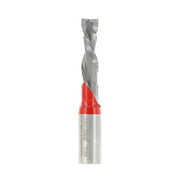 Silver and red Freud 77-206 3/8" double compression router bit with twisted flutes and metal shank.