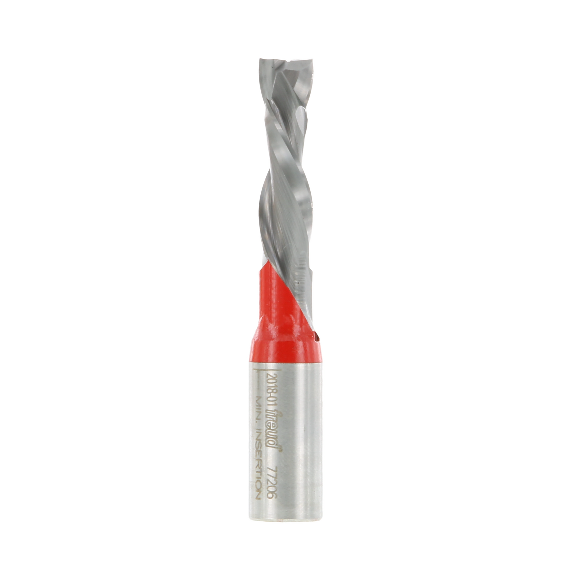 Silver and red Freud 77-206 3/8" double compression router bit with twisted flutes and metal shank.