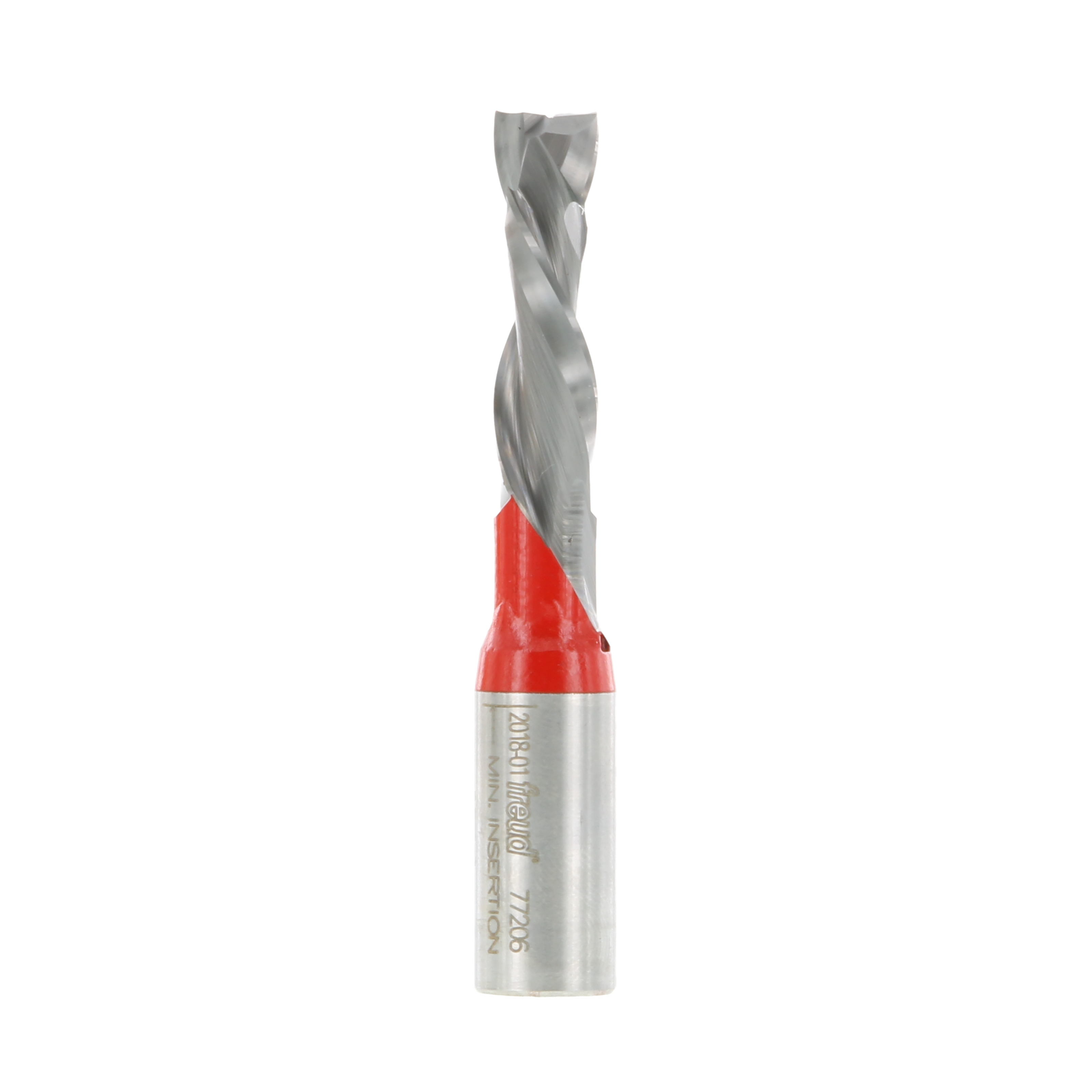 Silver and red Freud 77-206 3/8" double compression router bit with twisted flutes and metal shank.