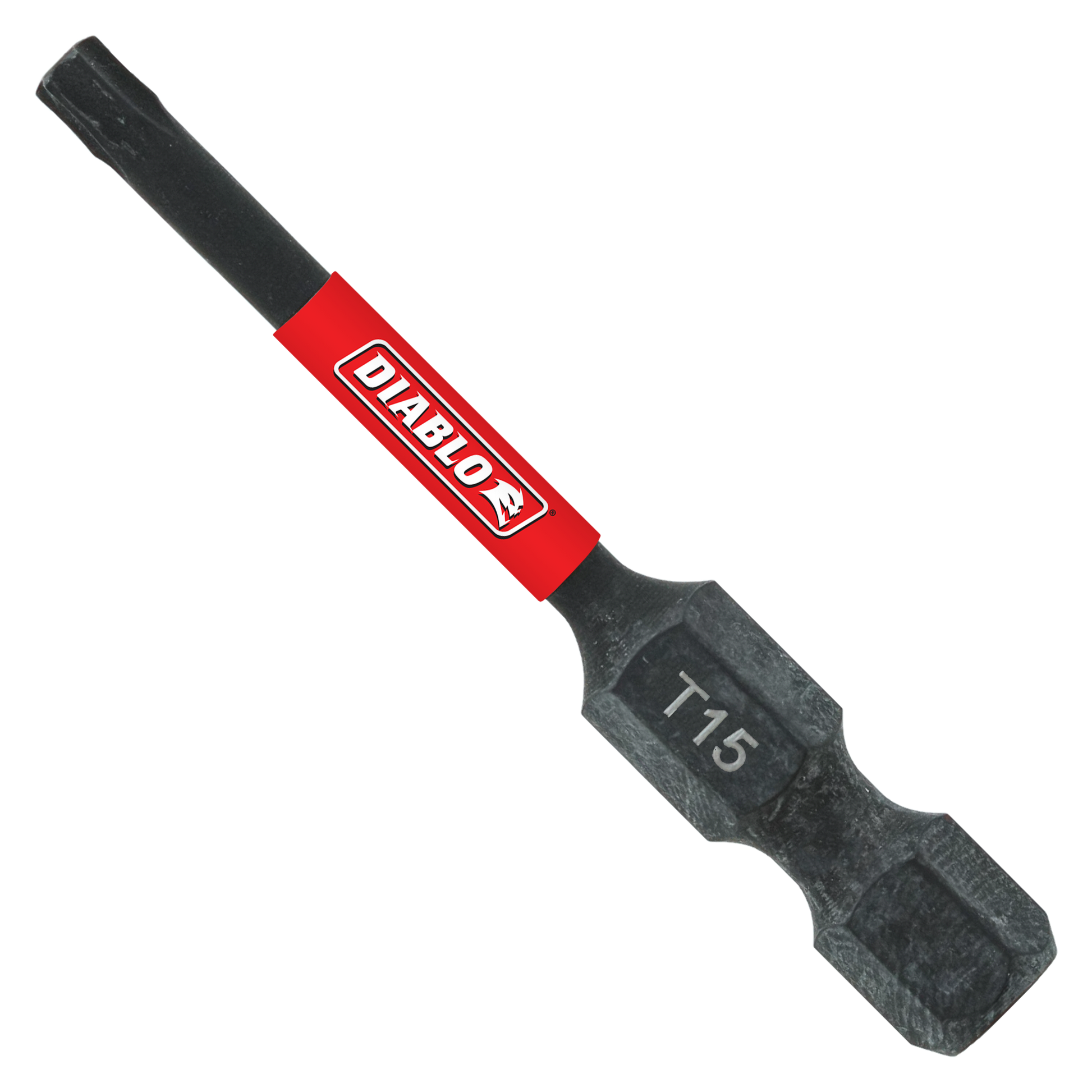 Black T15 Torx drive bit with red Diablo band and black grip sleeve on 2-inch shaft.