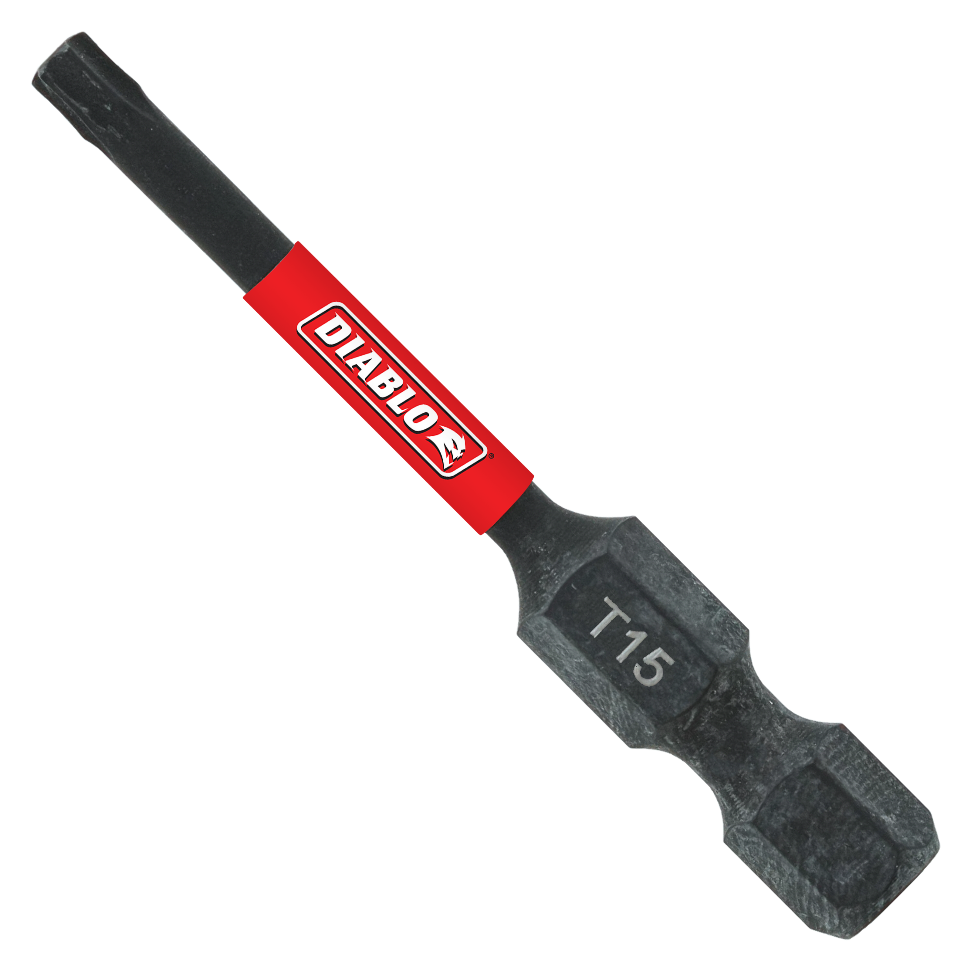 Black T15 Torx drive bit with red Diablo band and black grip sleeve on 2-inch shaft.