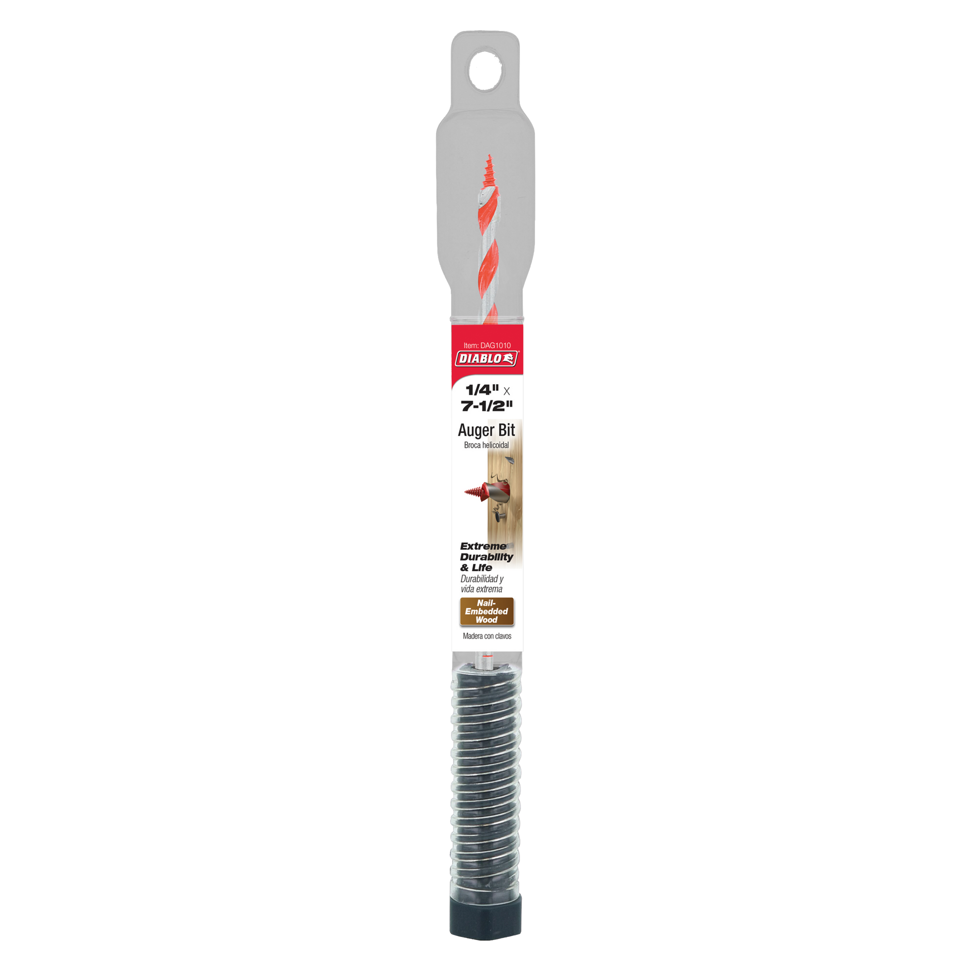 Diablo 1/4 inch by 7-1/2 inch auger bit with gray handle, red spiral flutes, and metal threaded shaft.