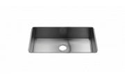 Stainless steel undermount sink with single bowl and drain hole, rectangular shape viewed from above.