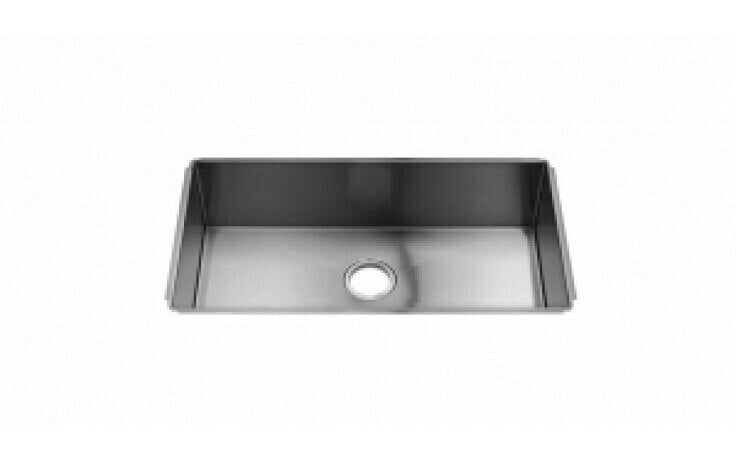 Stainless steel undermount sink with single bowl and drain hole, rectangular shape viewed from above.