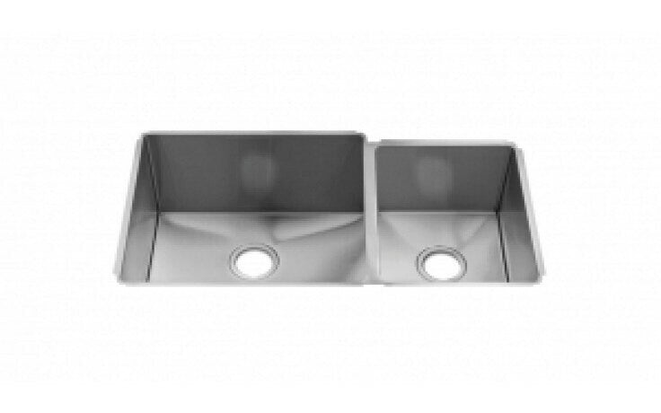 Stainless steel double bowl undermount sink with two separate basins and drain holes.