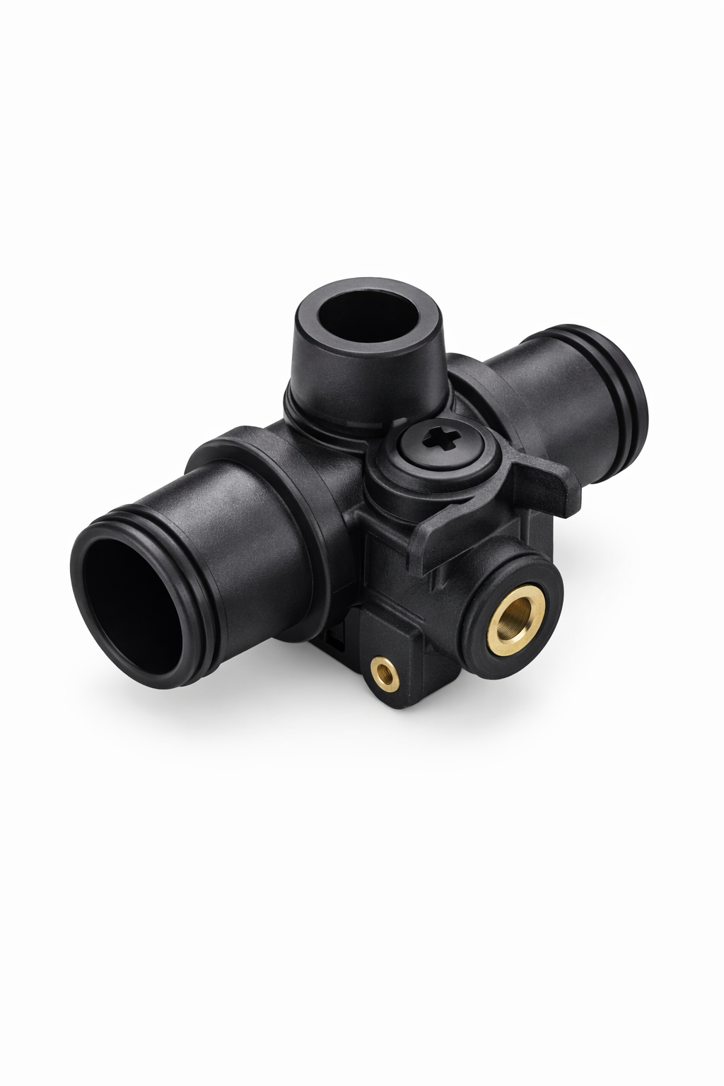 Black plastic TOTO junction valve assembly with multiple ports and brass connection points.