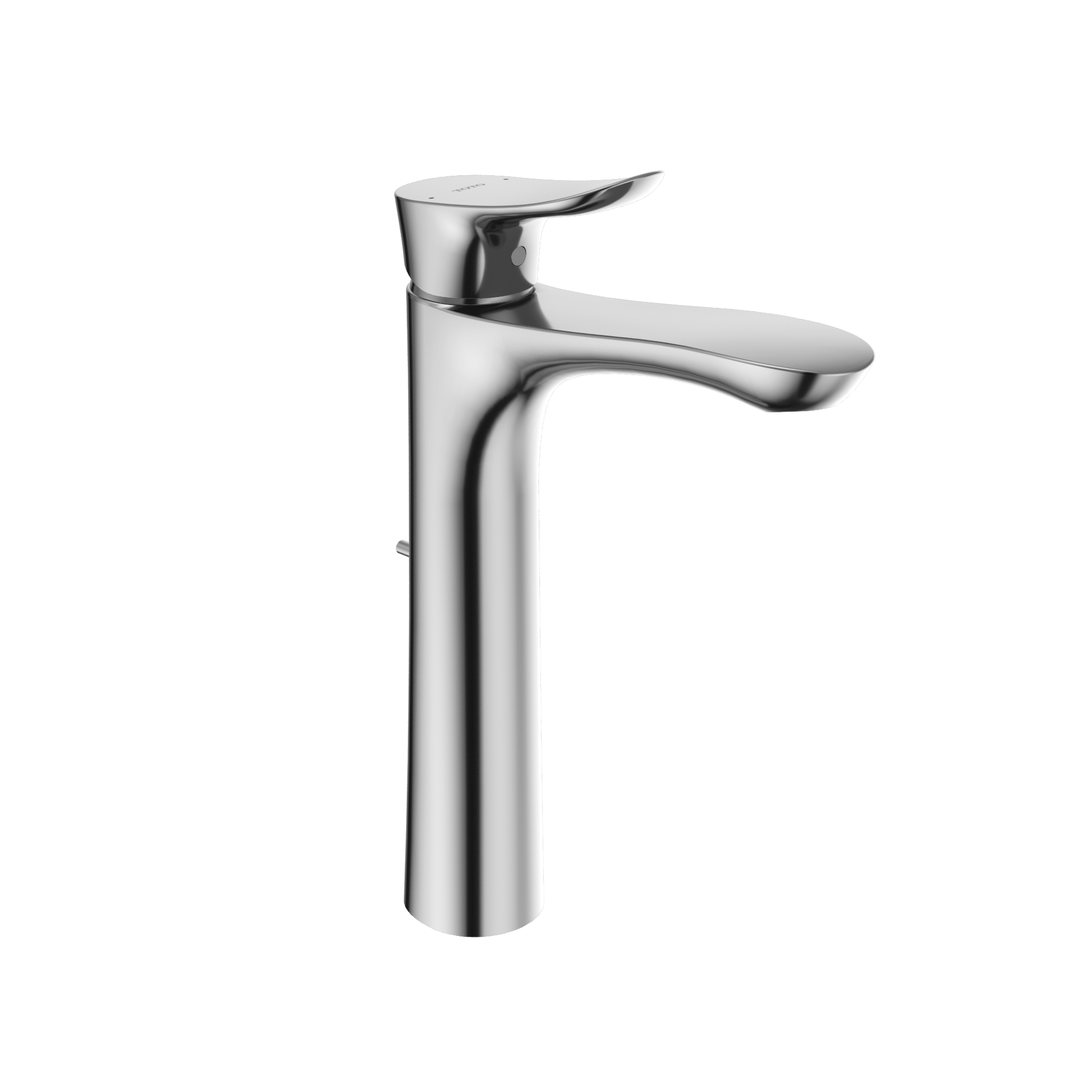 Polished chrome single-handle vessel bathroom sink faucet with curved spout and tall cylindrical body.