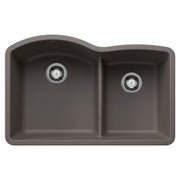 Volcano grey composite double-bowl undermount sink with low divider and chrome drain strainers.