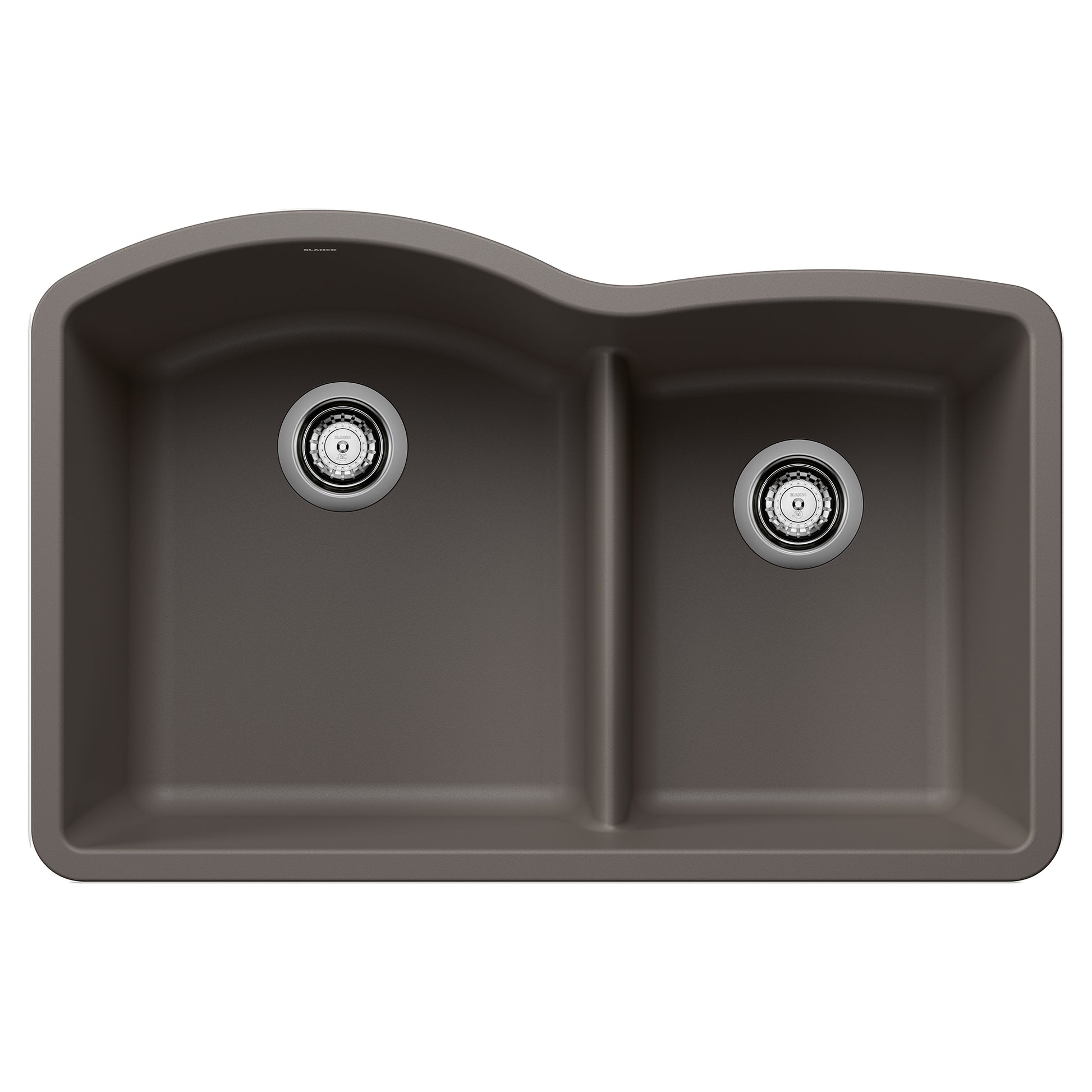 Volcano grey composite double-bowl undermount sink with low divider and chrome drain strainers.