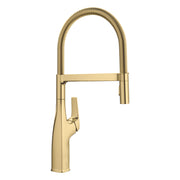 Satin gold kitchen faucet with high arched spout and single lever handle, featuring a coiled hose spray head.