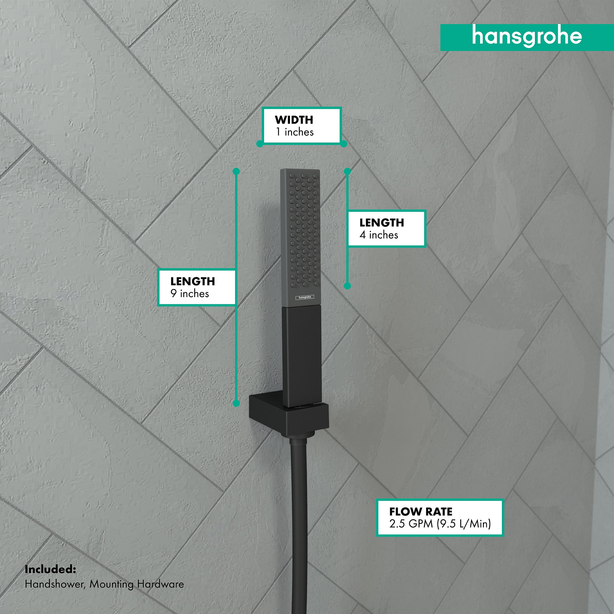 Matte black rectangular handshower with perforated head, 9 inches long, 1 inch wide, shown with mounting hardware against til
