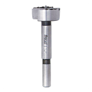 Freud Forstner bit with cylindrical steel shaft, flat cutting head with serrated edges, and center point.